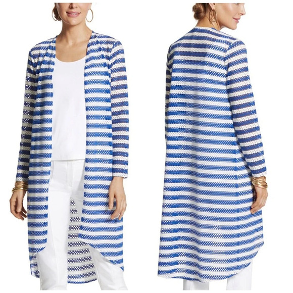 CHICOS Striped Tess Long Cardigan Blue White Size XL - Picture 1 of 7